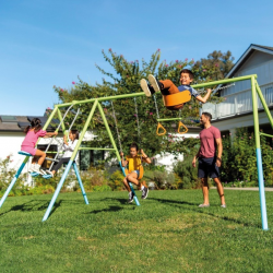 INTEX Triple Garden Swing Set with Seesaw and Gym Trapeze Bar for 5 Children  Heavy-Duty Outdoor Playground Frame