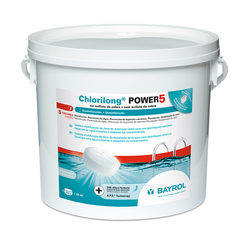 Cloro Multifunción Especial Liner Chlorilong Power 5 Acciones Bayrol 5 Kg Tabl. 250gr.